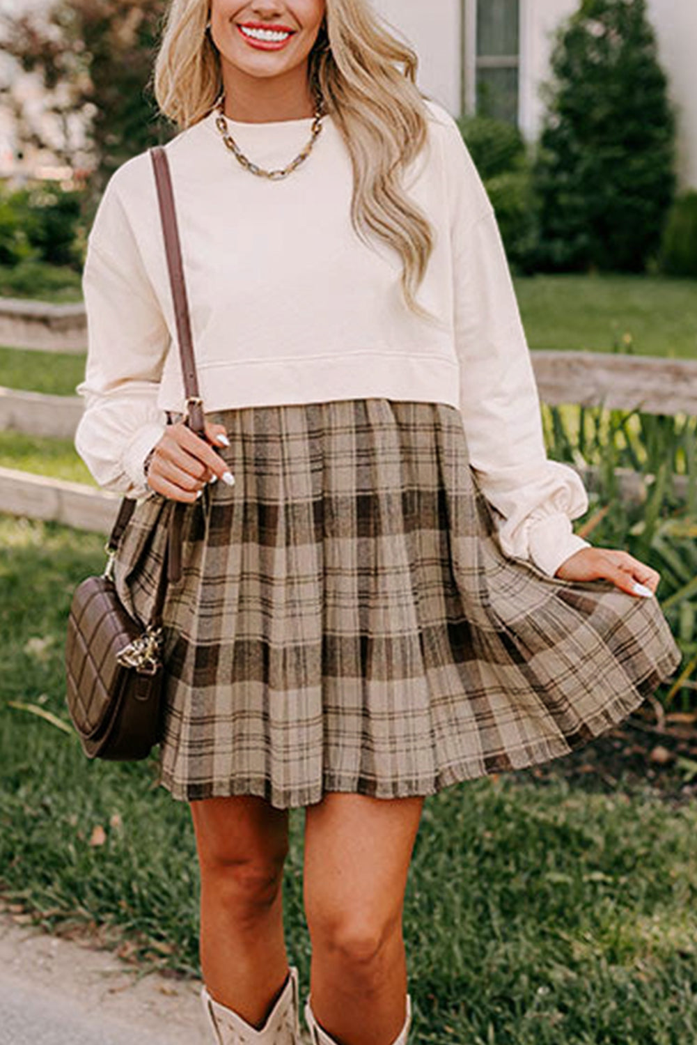 Beige Plaid Patchwork Dress