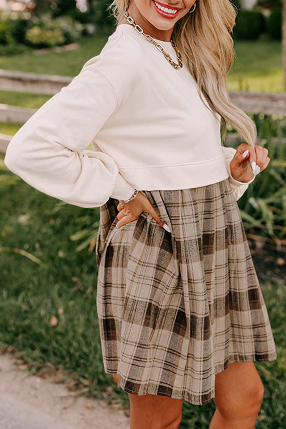 Beige Plaid Patchwork Dress