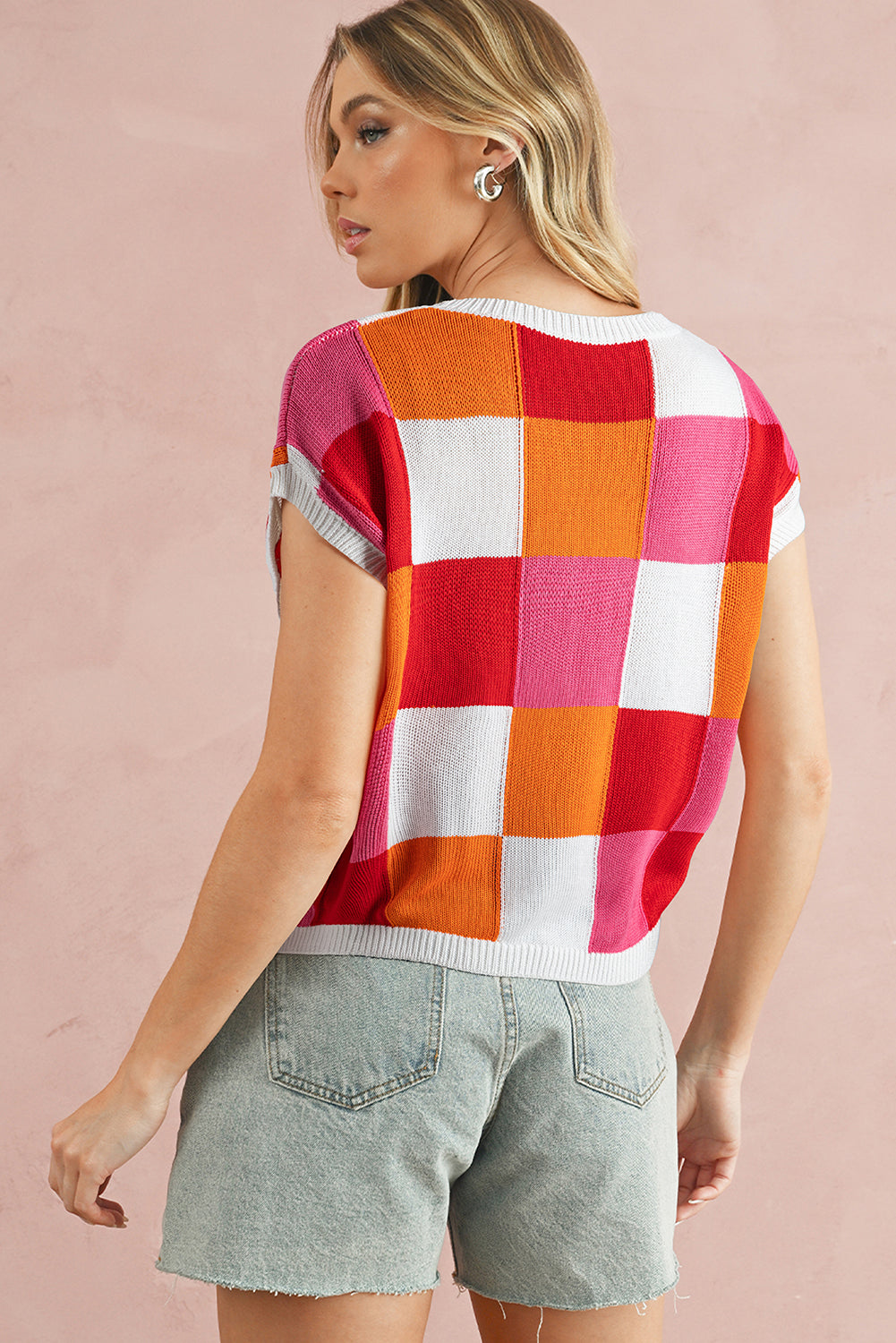 Checkered Block Cap Sleeve Knitted Top