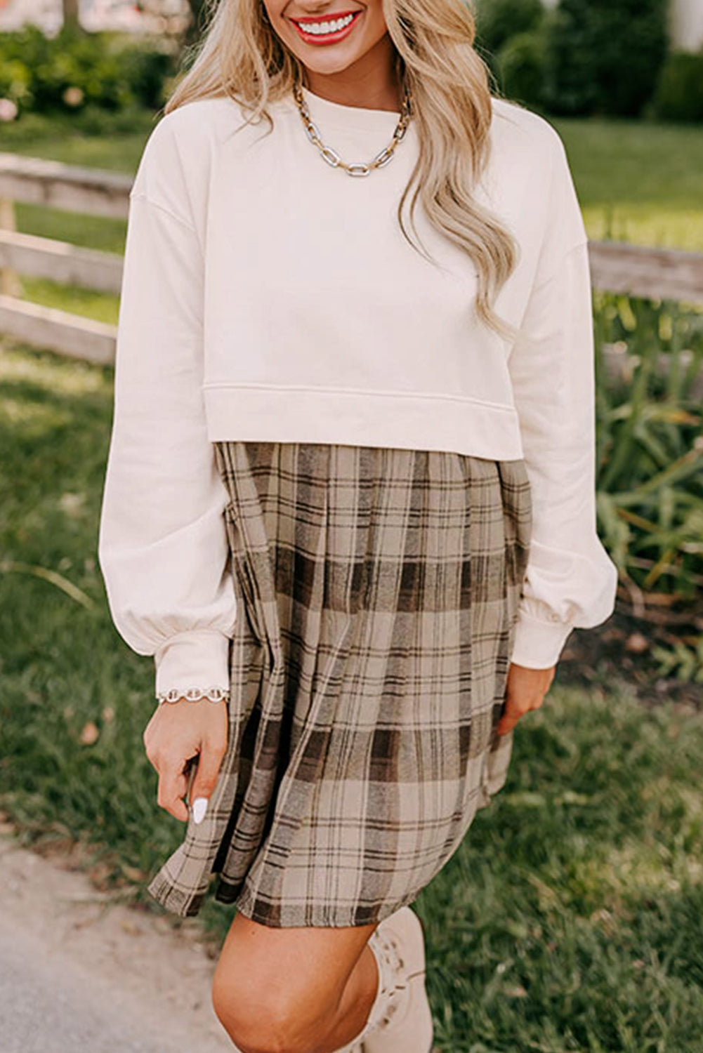 Beige Plaid Patchwork Dress