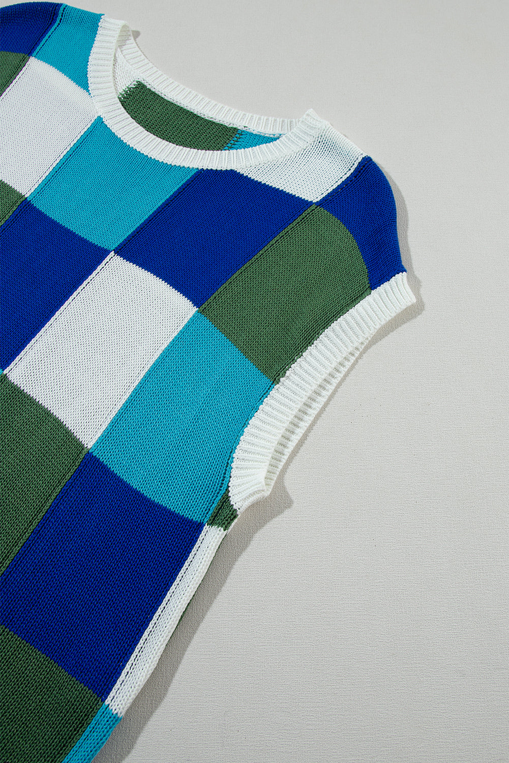 Checkered Block Cap Sleeve Knitted Top