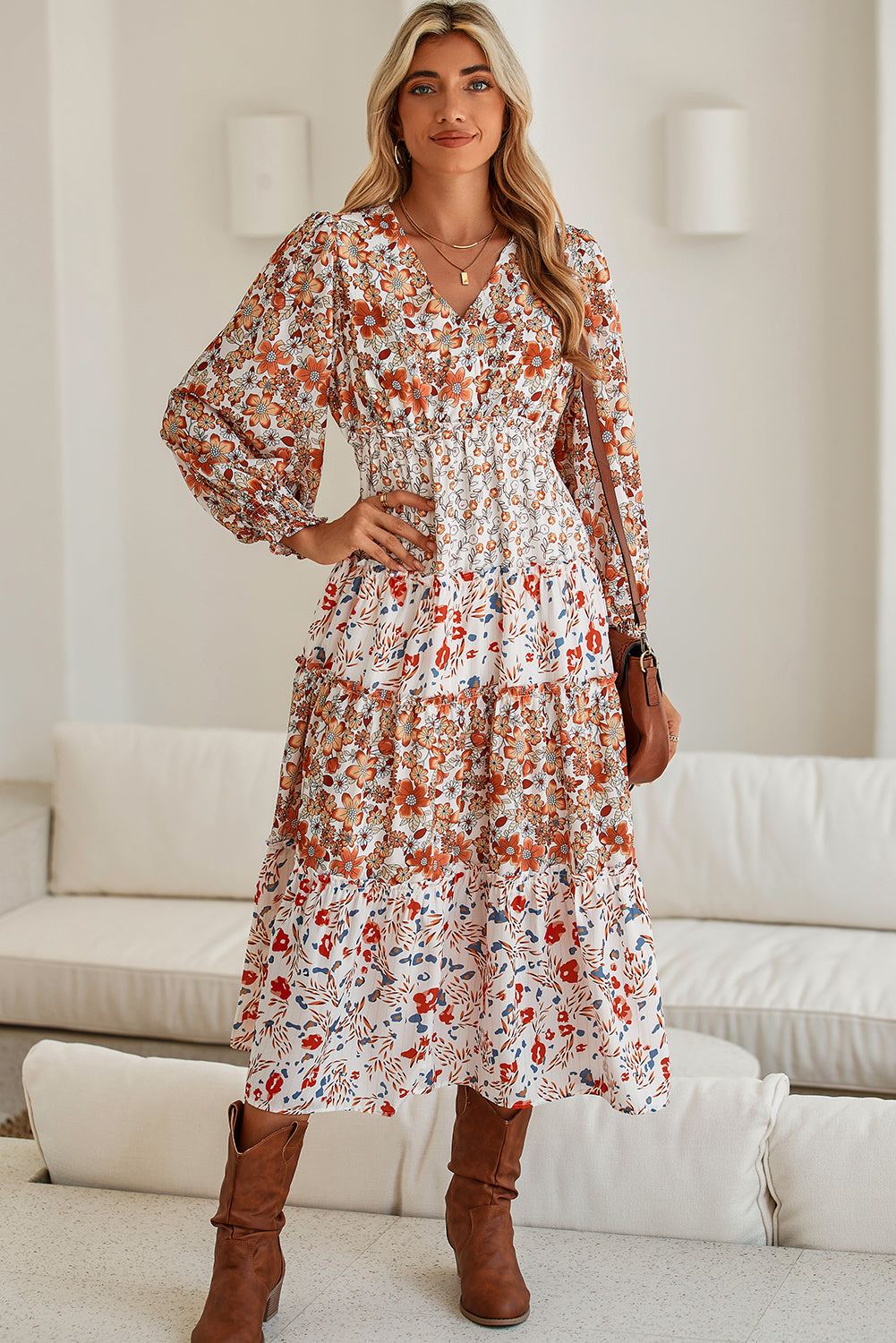 Rustic Floral Print Ruffled Midi Dress