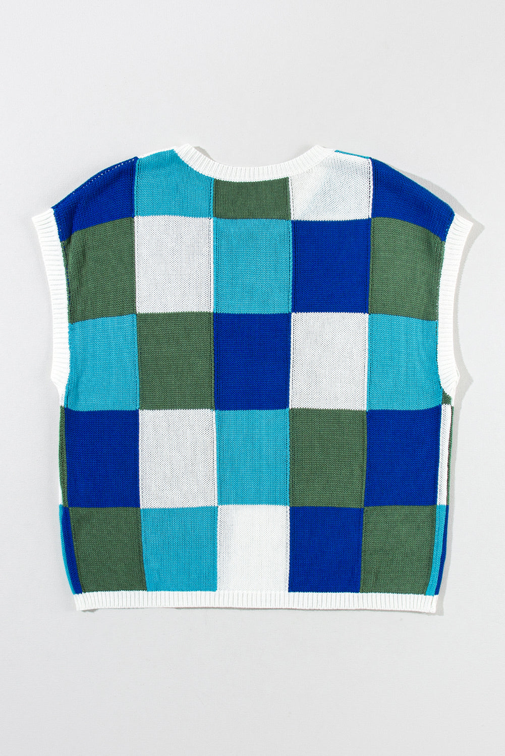 Checkered Block Cap Sleeve Knitted Top