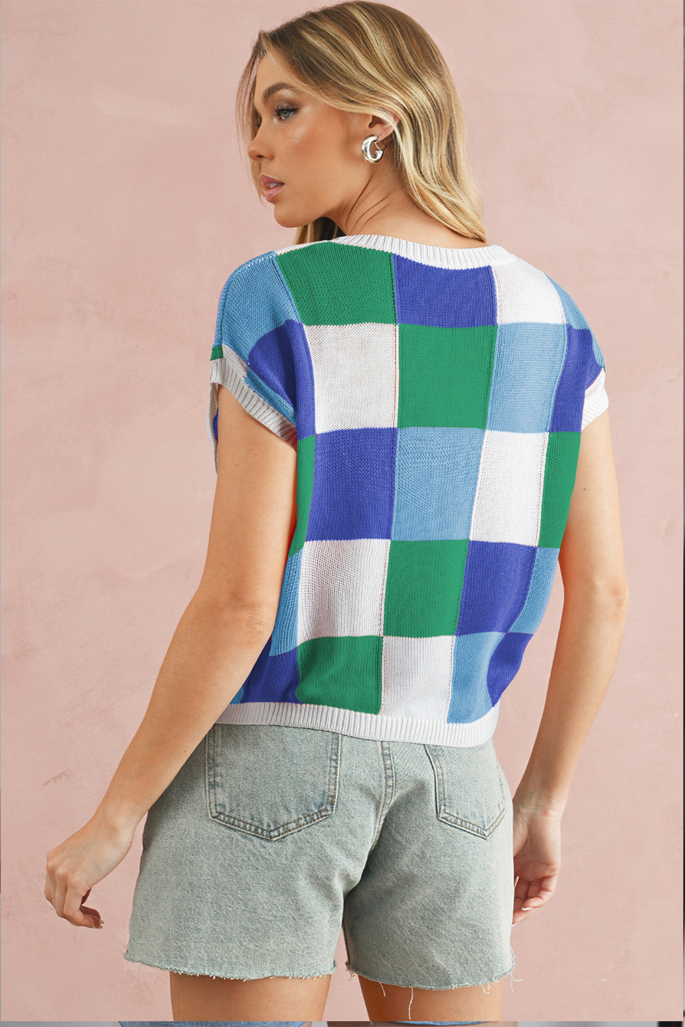 Checkered Block Cap Sleeve Knitted Top