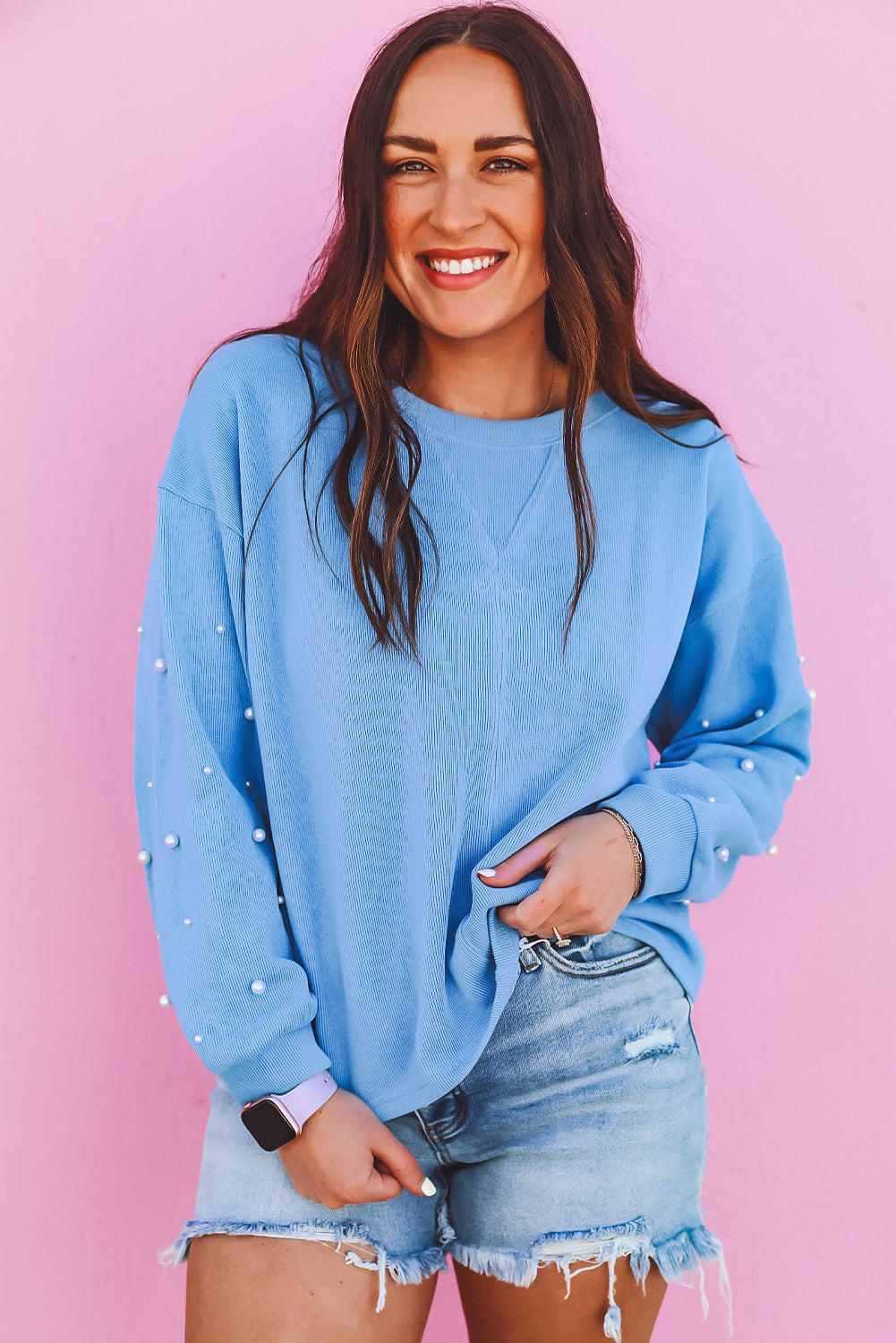 Blossom Pearl Sleeves Ribbed Pullover Sweatshirt