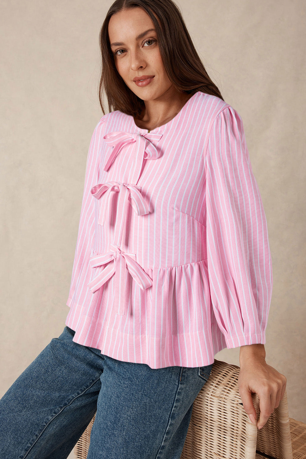 Pink Striped Bow Blouse