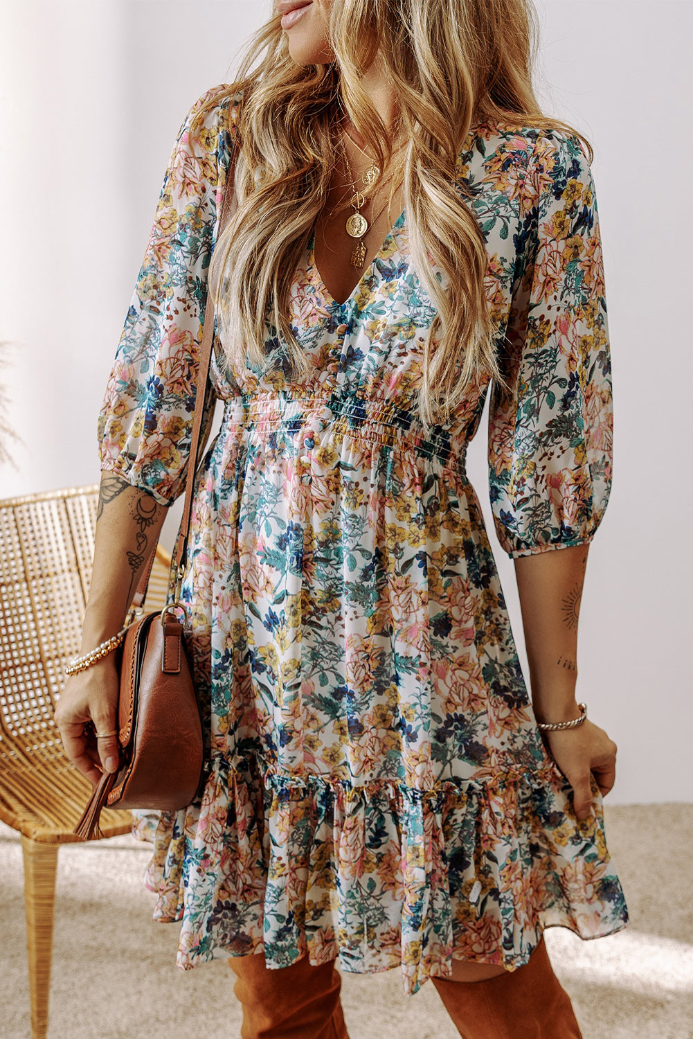 Blue Floral Ruffled Dress