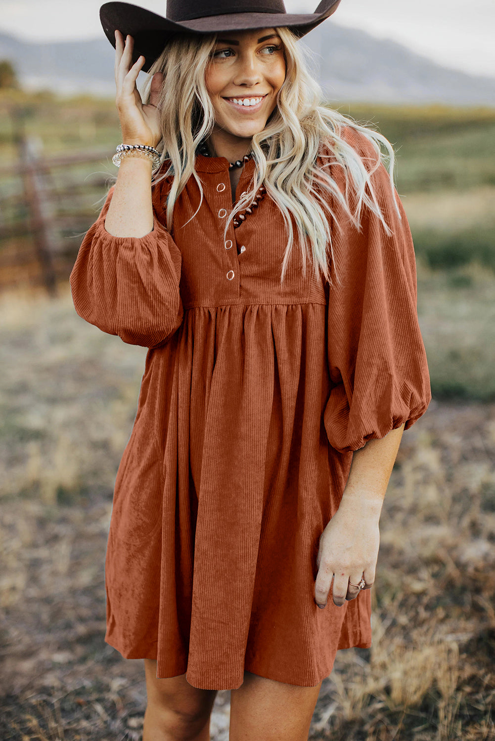 Lantern Sleeve Corduroy Dress