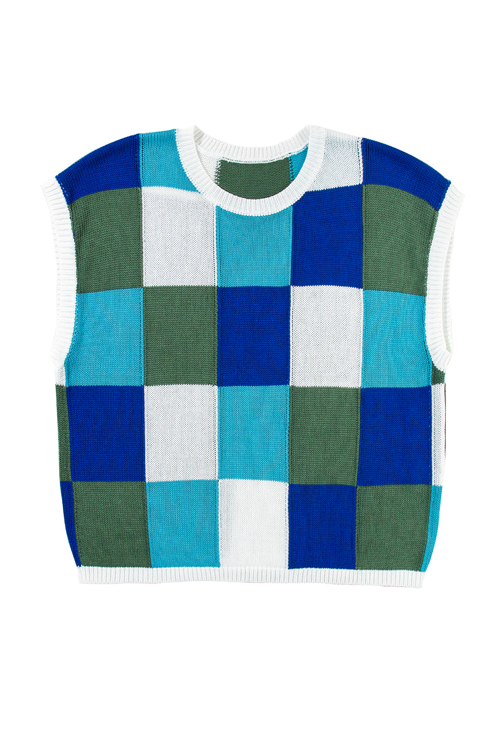 Checkered Block Cap Sleeve Knitted Top