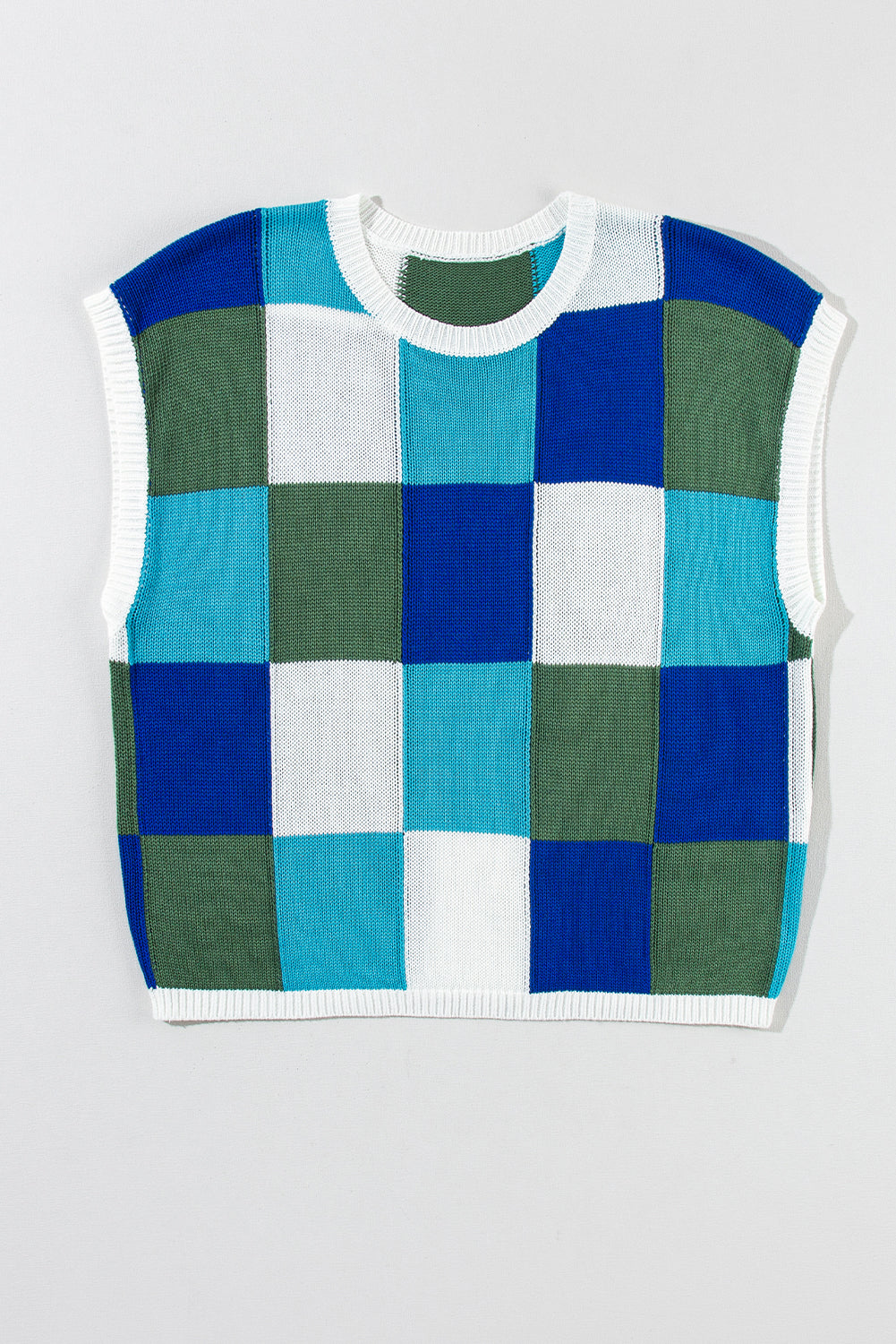 Checkered Block Cap Sleeve Knitted Top