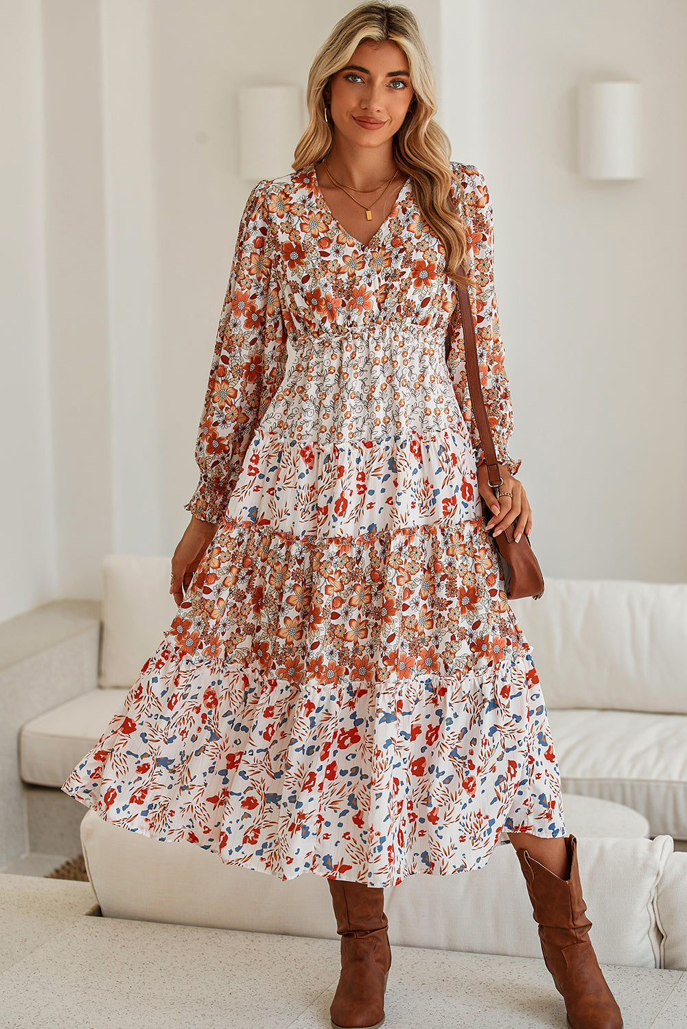 Rustic Floral Print Ruffled Midi Dress