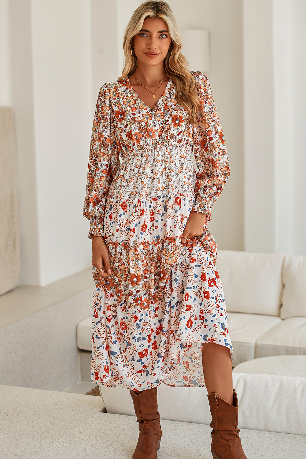 Rustic Floral Print Ruffled Midi Dress