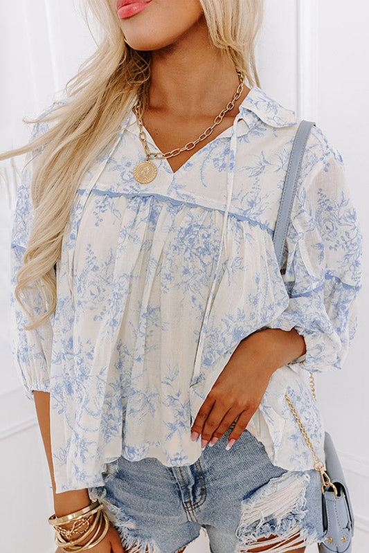 Sky Blue Floral Collar Blouse