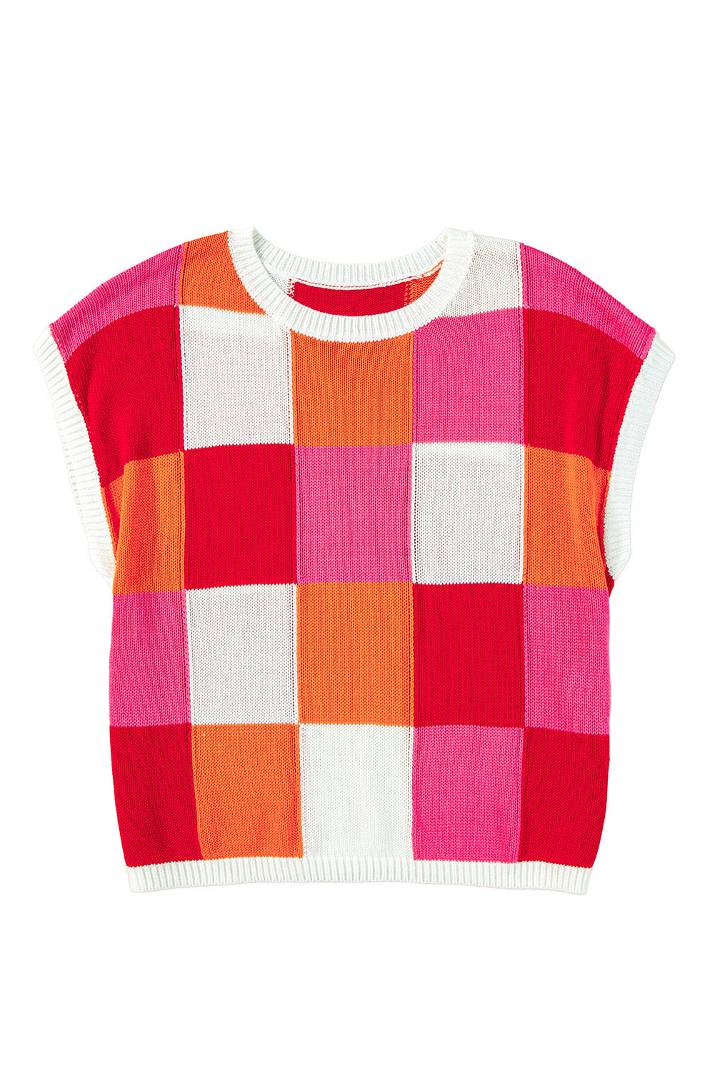 Checkered Block Cap Sleeve Knitted Top