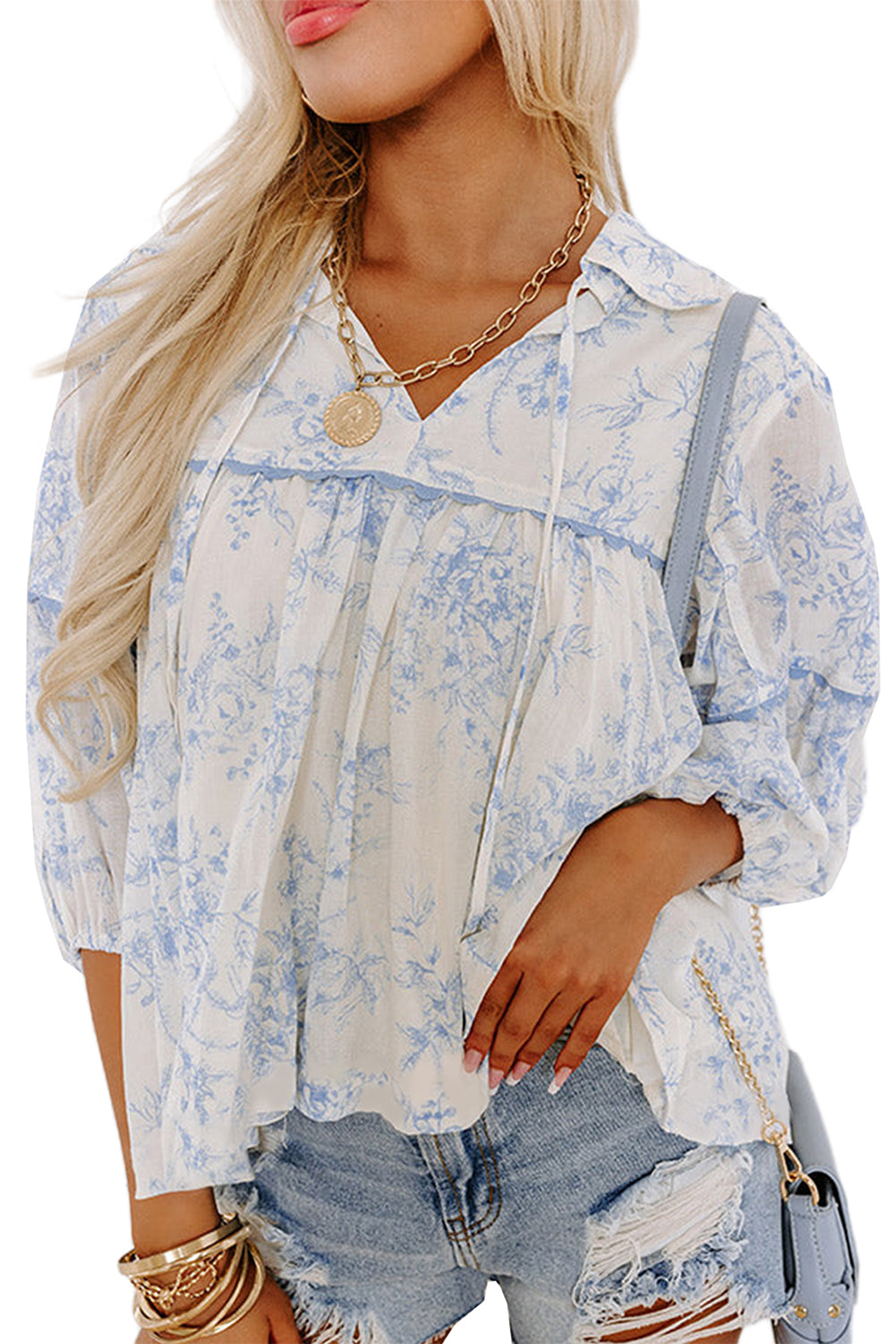 Sky Blue Floral Collar Blouse