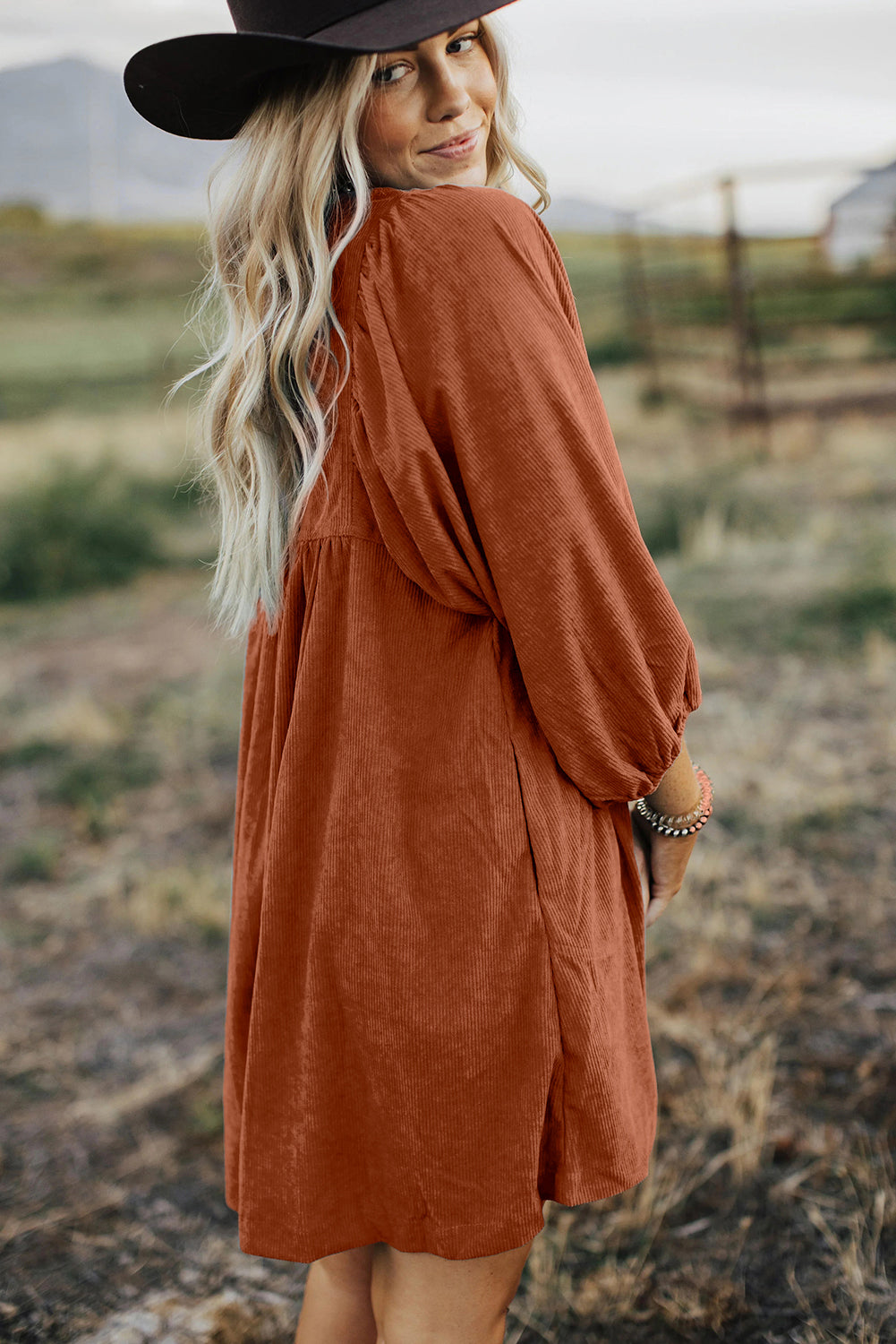 Lantern Sleeve Corduroy Dress