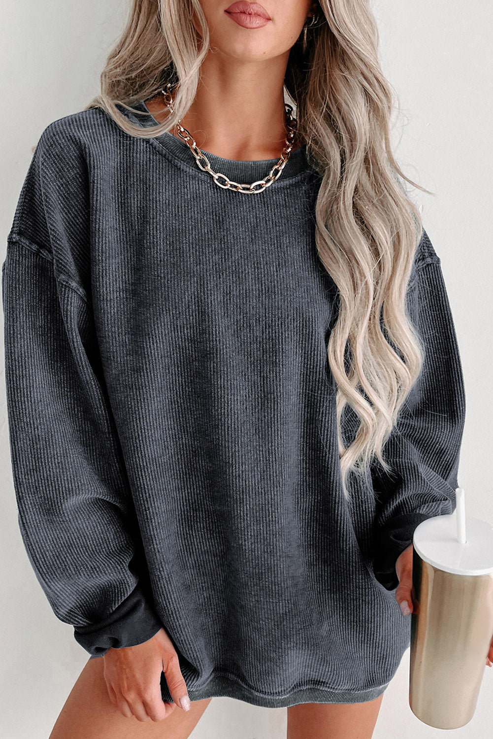 Ribbed Round Neck Sweatshirt