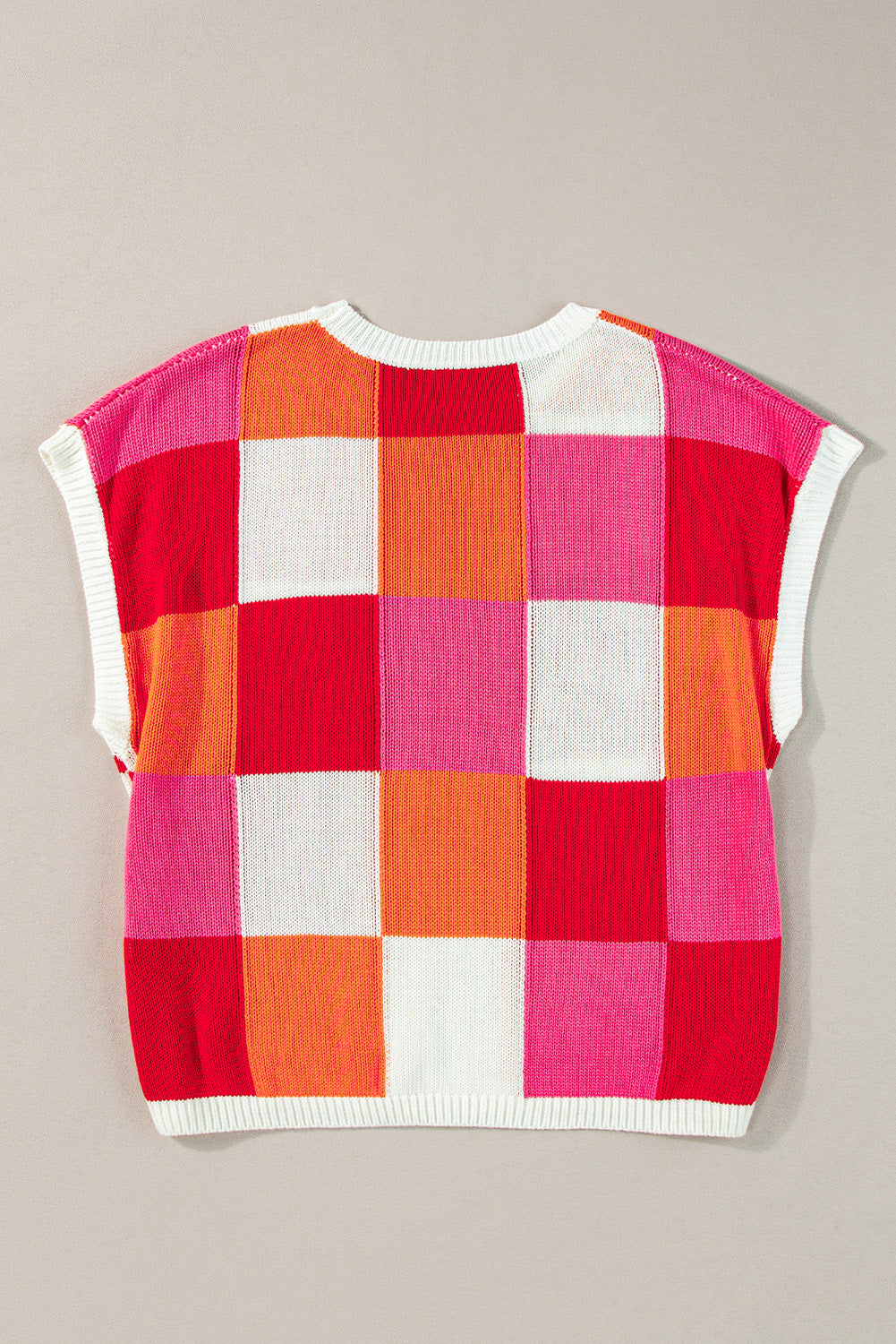 Checkered Block Cap Sleeve Knitted Top