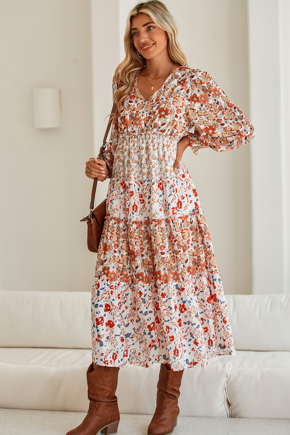 Rustic Floral Print Ruffled Midi Dress