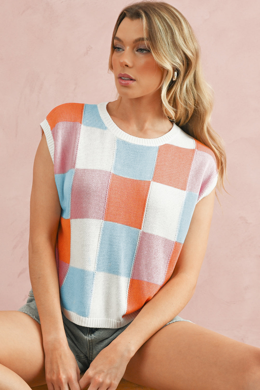 Checkered Block Cap Sleeve Knitted Top