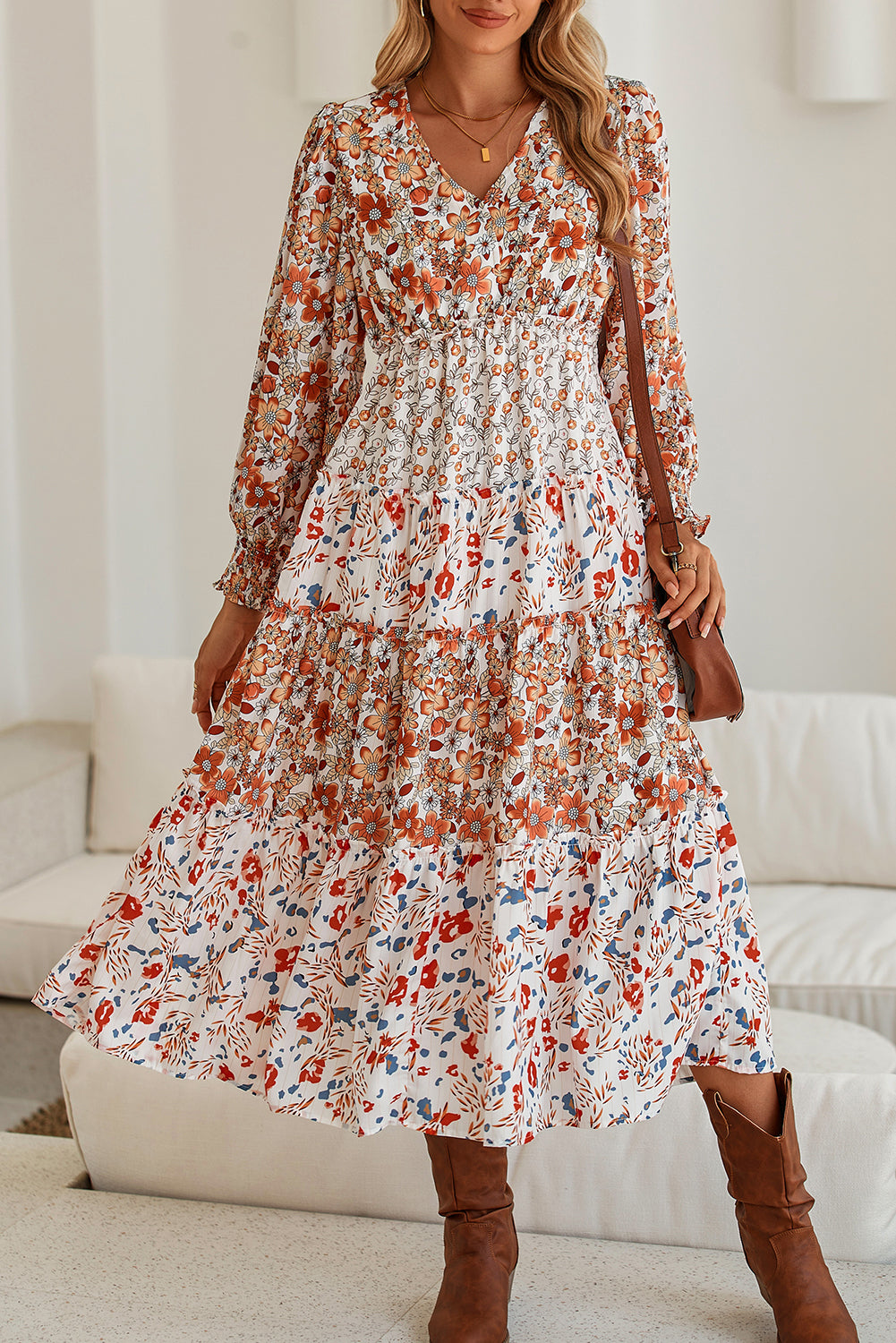 Rustic Floral Print Ruffled Midi Dress