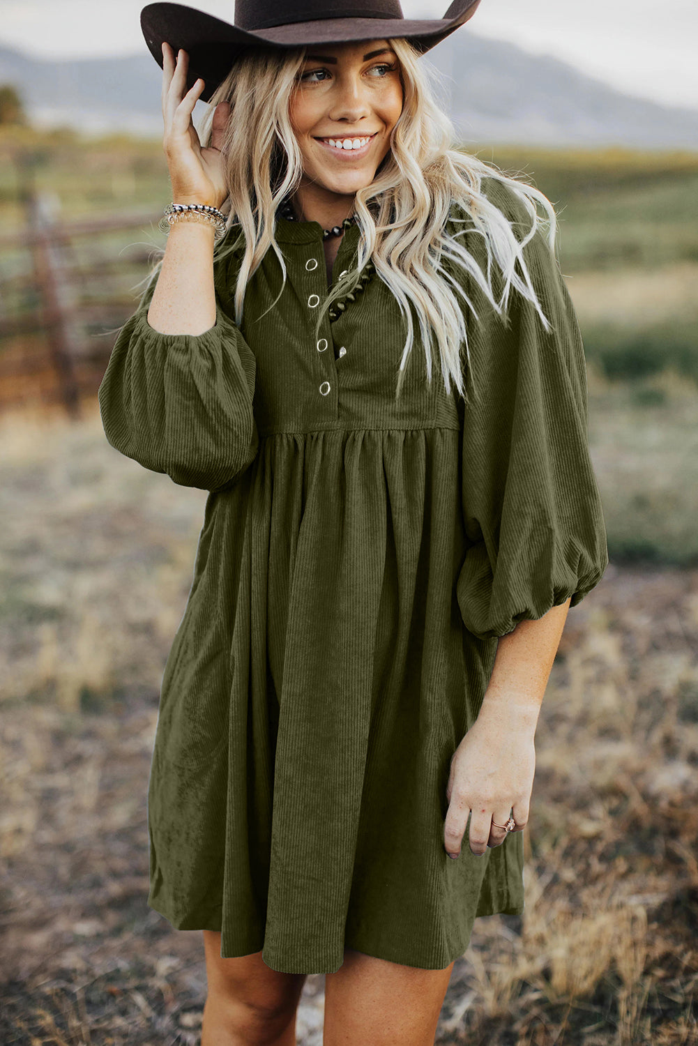 Lantern Sleeve Corduroy Dress