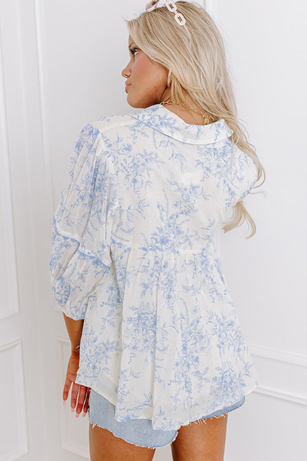 Sky Blue Floral Collar Blouse